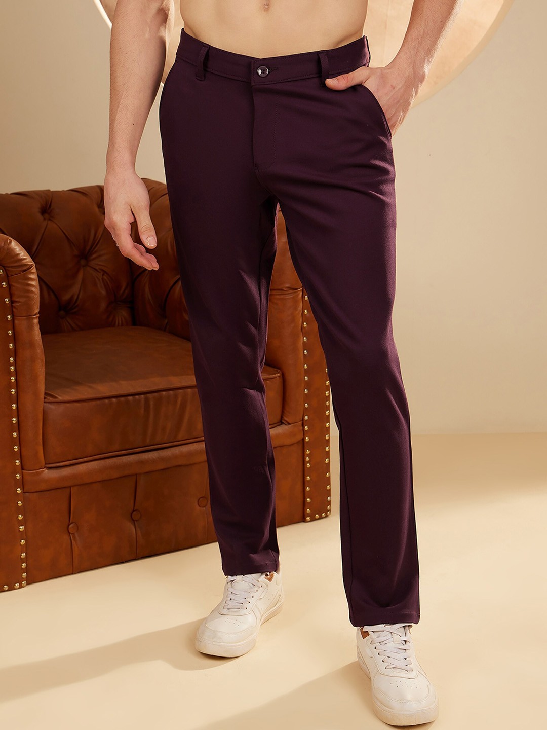 

DENNISON Men Smart Tapered Fit Easy Wash 4-Way Lycra Trouser, Burgundy