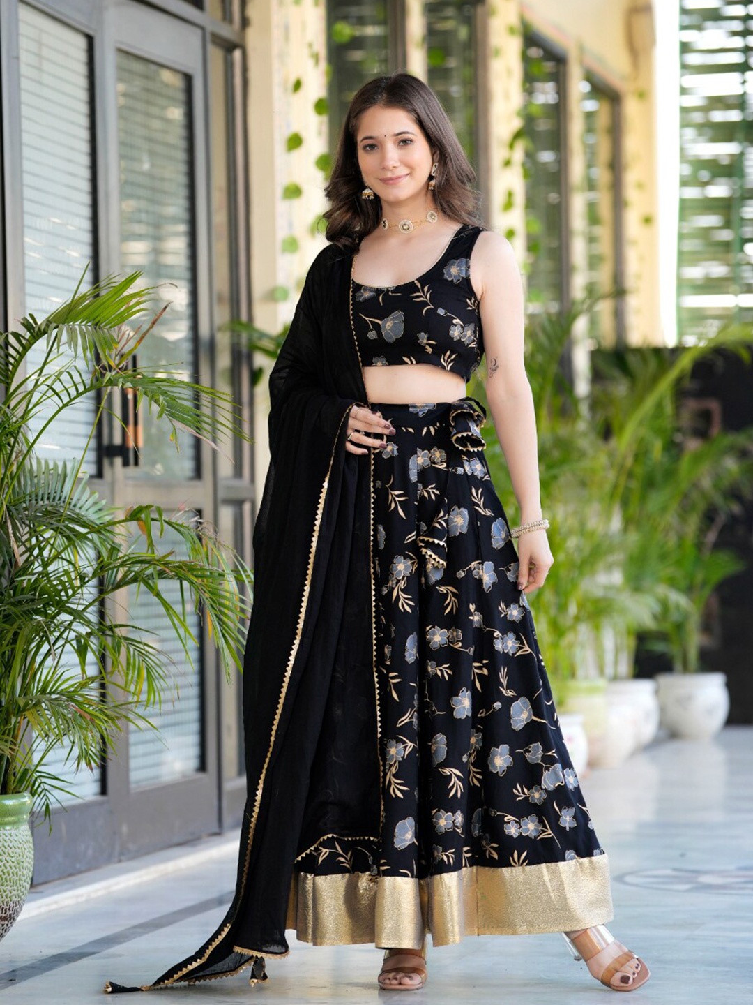 

Chandbaali Printed Ready to Wear Lehenga & Blouse With Dupatta, Black
