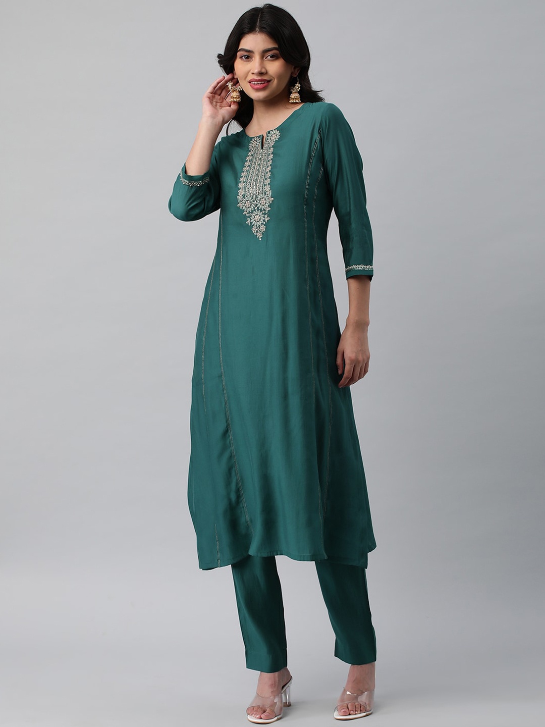 

KAMI KUBI Chevron Yoke Design Sequinned Anarkali Kurta, Teal