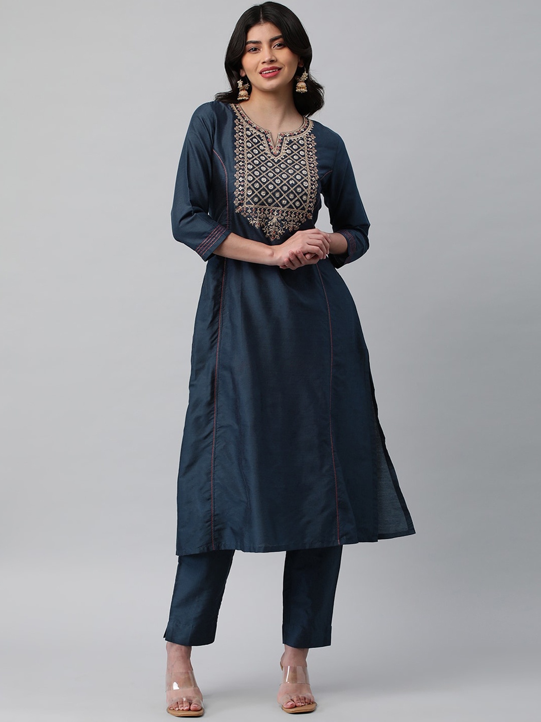 

KAMI KUBI Round Neck Ethnic Embroidered Anarkali Kurta, Navy blue