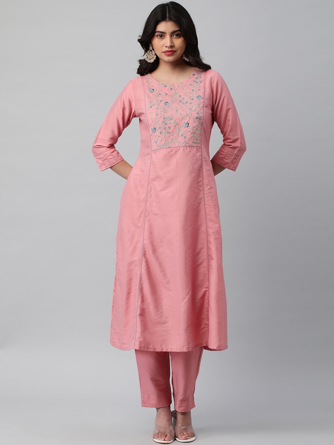 

KAMI KUBI Round Neck Floral Embroidered A Line Kurta, Pink