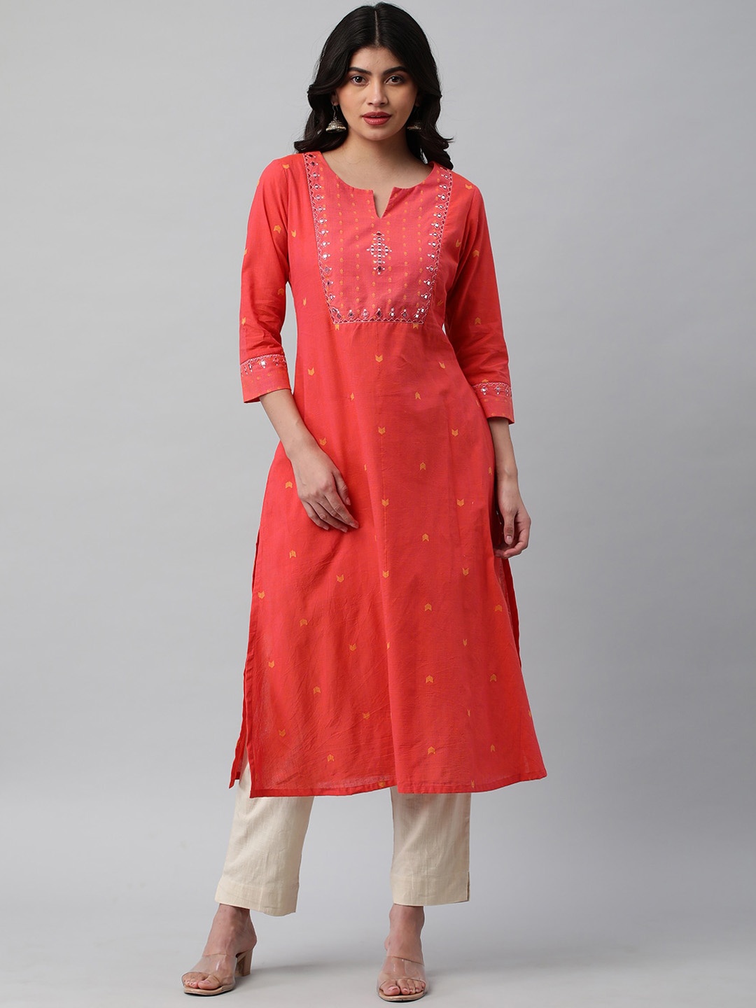 

KAMI KUBI Notch Neck Geometric Embroidered Mirror work Cotton Anarkali Kurta, Pink