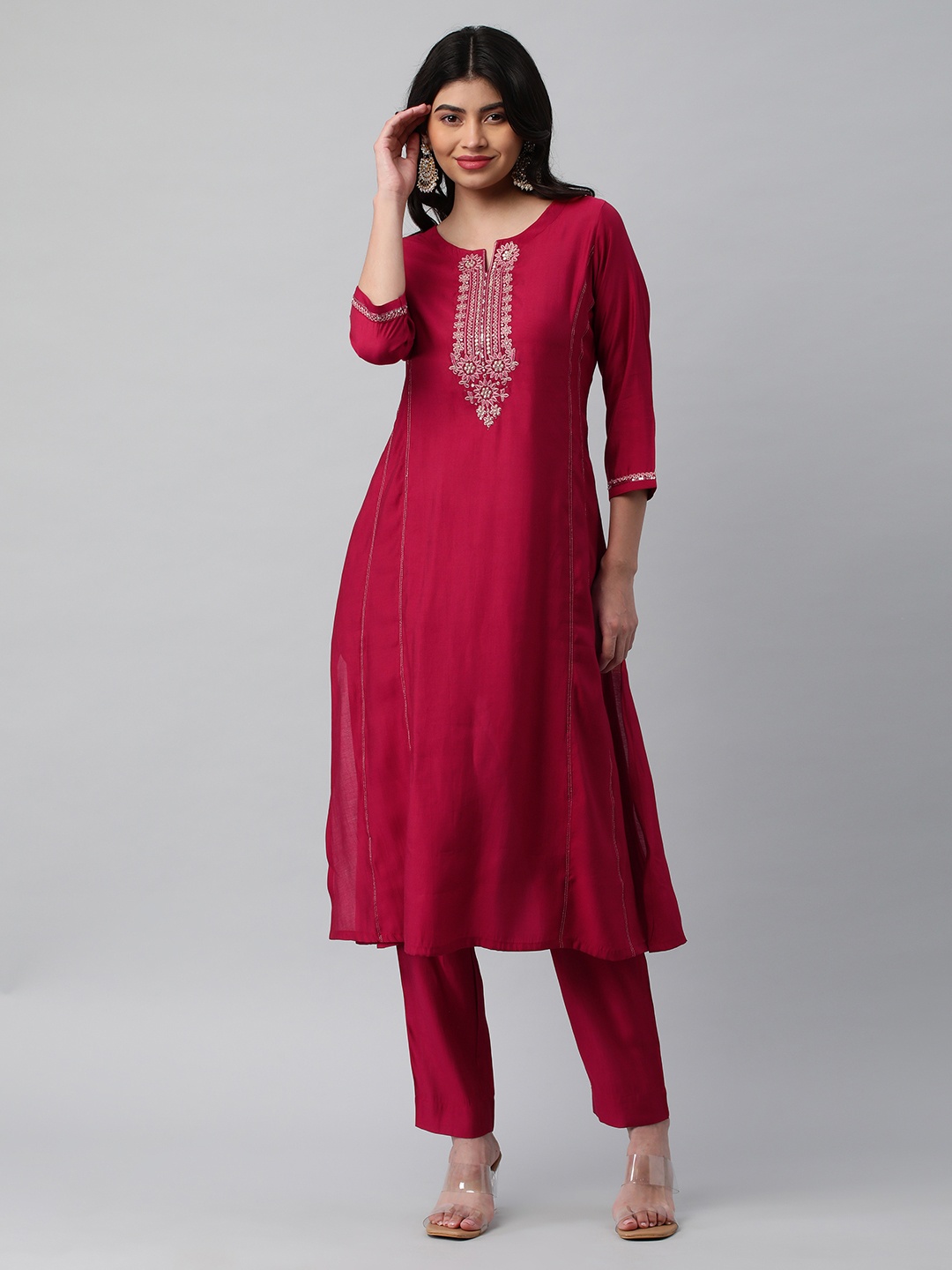 

KAMI KUBI Notch Neck Floral Embroidered Yoke Design A Line Kurta, Pink