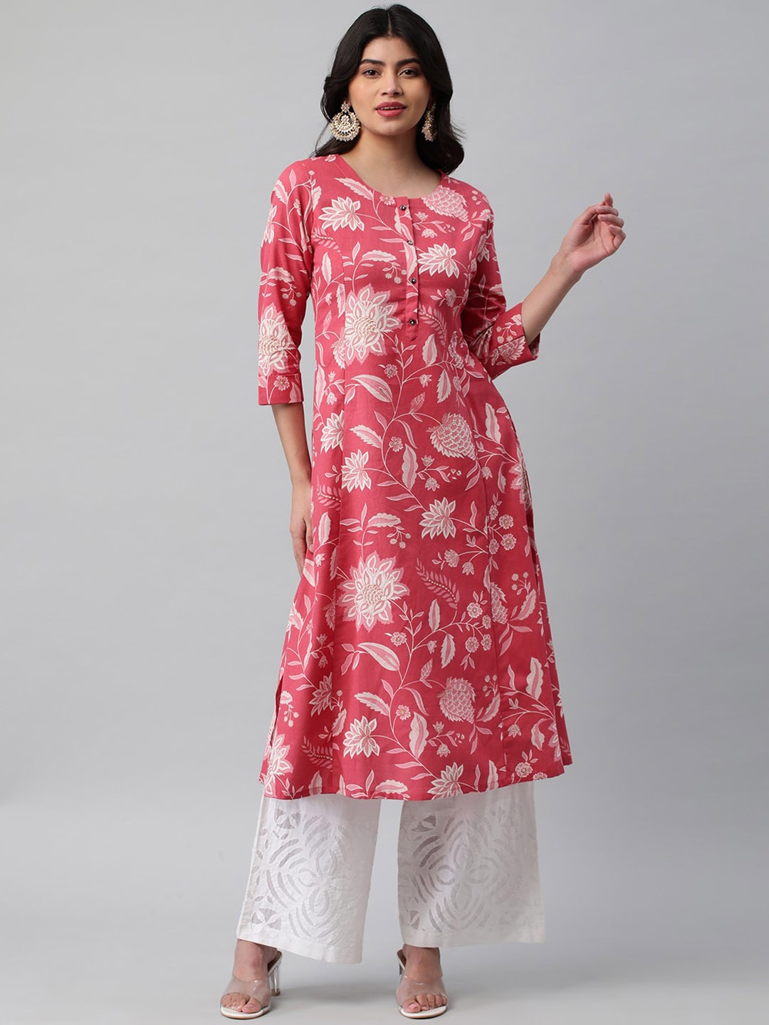 

KAMI KUBI Floral Printed V-Neck Pure Cotton A-Line Kurta, Pink