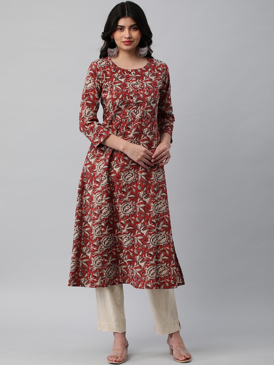 

KAMI KUBI Ethnic Motifs Printed Round Neck Thread Work Cotton A-Line Kurta, Red