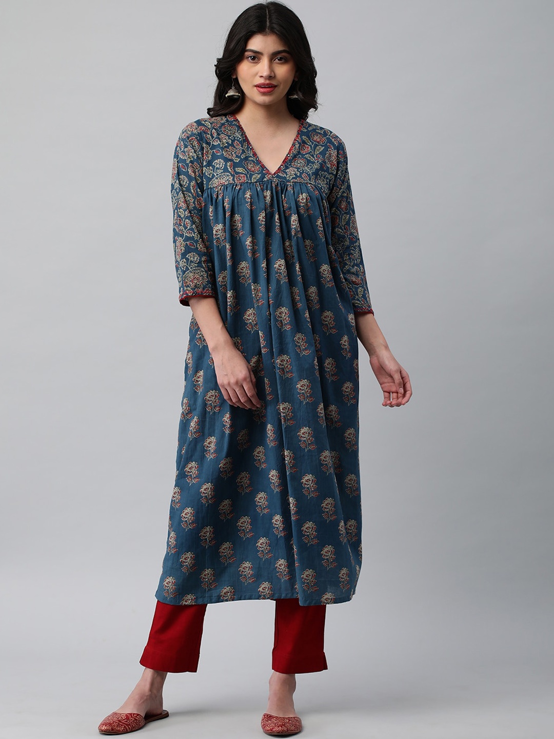 

KAMI KUBI Floral Printed V-Neck Pure Cotton A-Line Empire Kurta, Blue