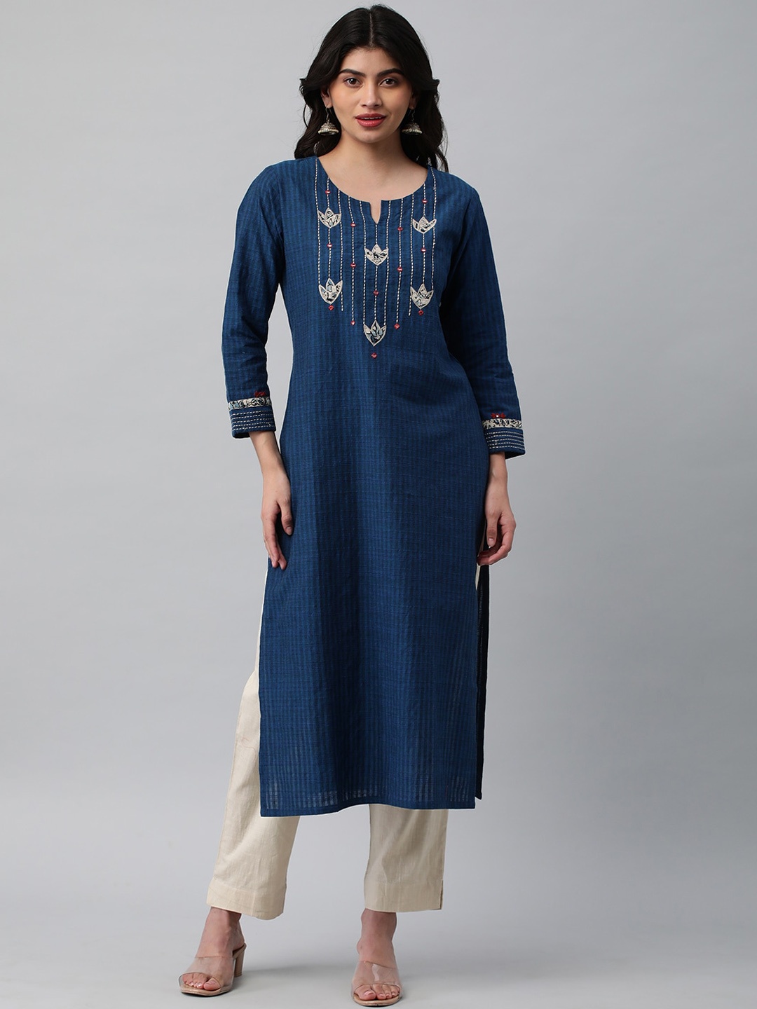 

KAMI KUBI Notch Neck Floral Embroidered Cotton Straight Kurta, Navy blue