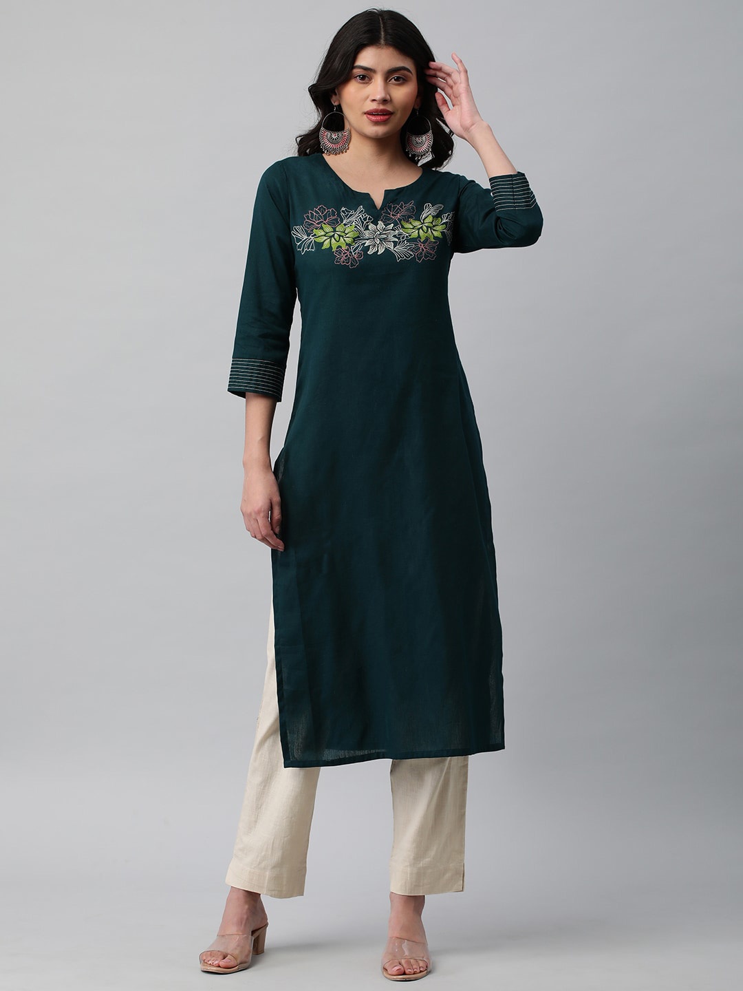 

KAMI KUBI Yoke Design Embroidered Notch Neck Pure Cotton Straight Kurta, Teal