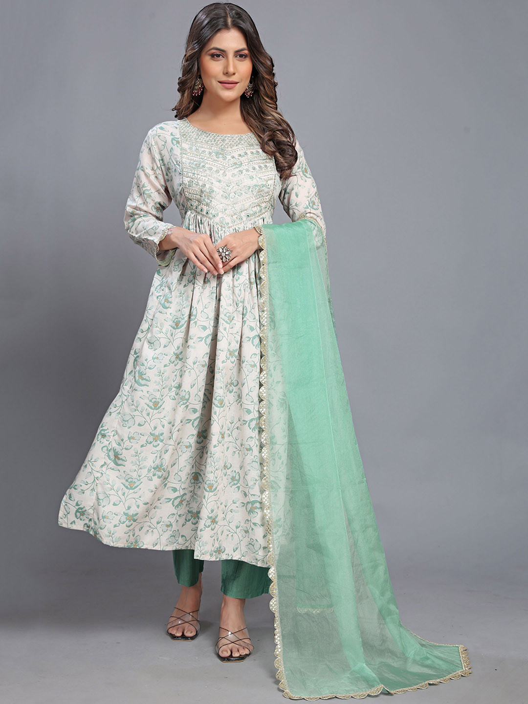 

J.KANJI Floral Printed Pleated Zardozi Kurta with Palazzos & With Dupatta, Olive
