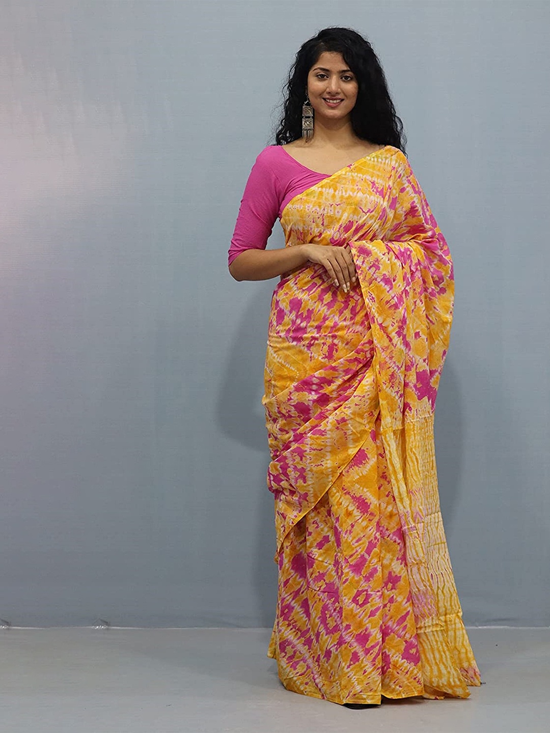 

JAIPURI BLOCK PRINT Tie and Dye Pure Cotton Bagru Saree, Yellow