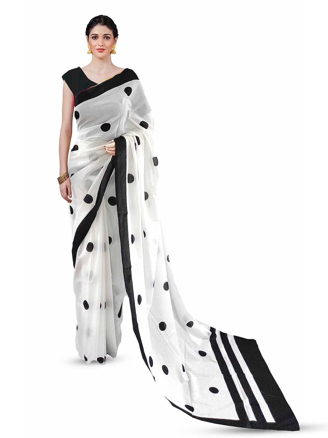 

JAIPURI BLOCK PRINT Polka Dot Pure Cotton Mulmul Block Print Saree, White