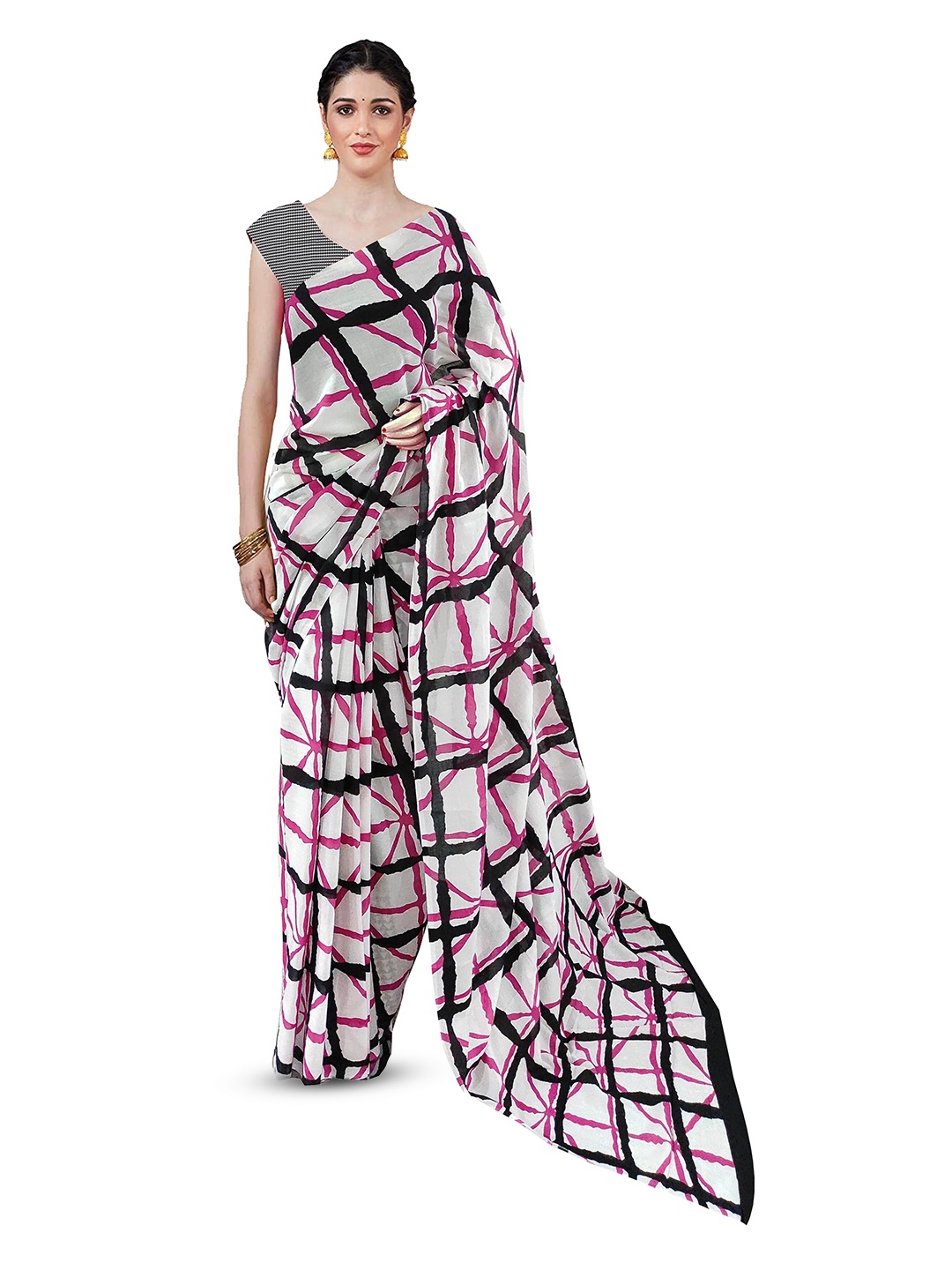 

JAIPURI BLOCK PRINT Geometric Printed Pure Cotton Mulmul Block Print Saree, Pink
