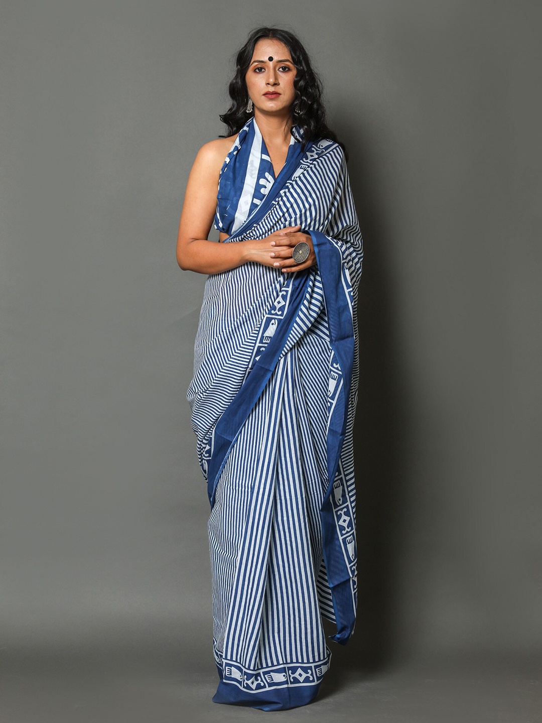 

JAIPURI BLOCK PRINT Striped Pure Cotton Saree, Blue