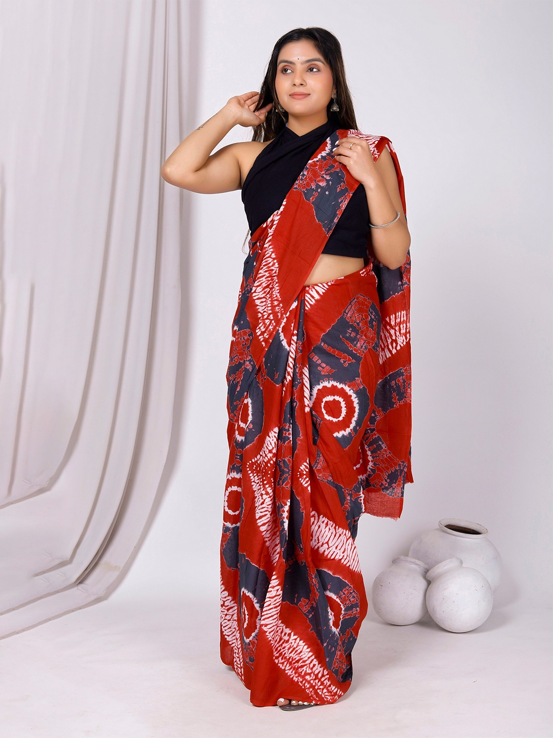 

JAIPURI BLOCK PRINT Tie and Dye Pure Cotton Bagru Saree, Red