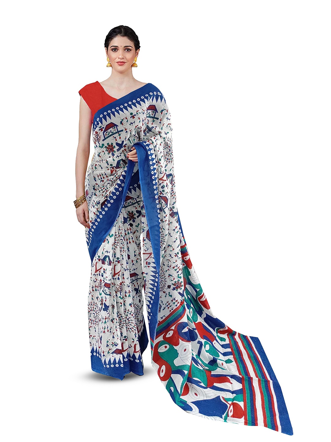 

JAIPURI BLOCK PRINT Warli Block Printed Pure Cotton Saree, Blue