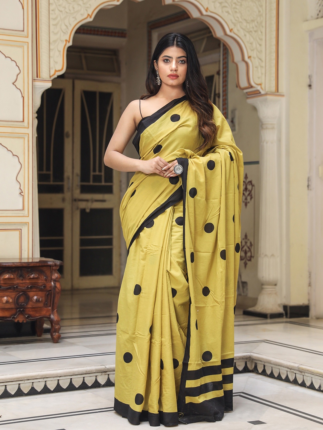 

JAIPURI BLOCK PRINT Polka Dot Pure Cotton Saree, Green