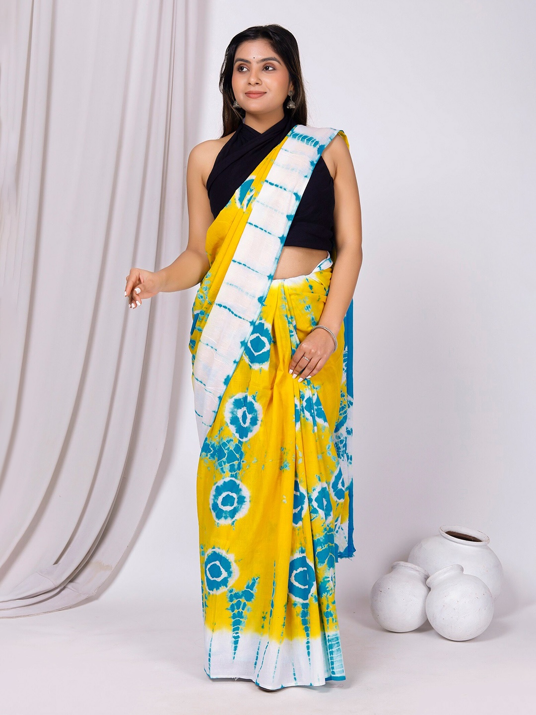 

JAIPURI BLOCK PRINT Bandhani Pure Cotton Bagru Saree, White
