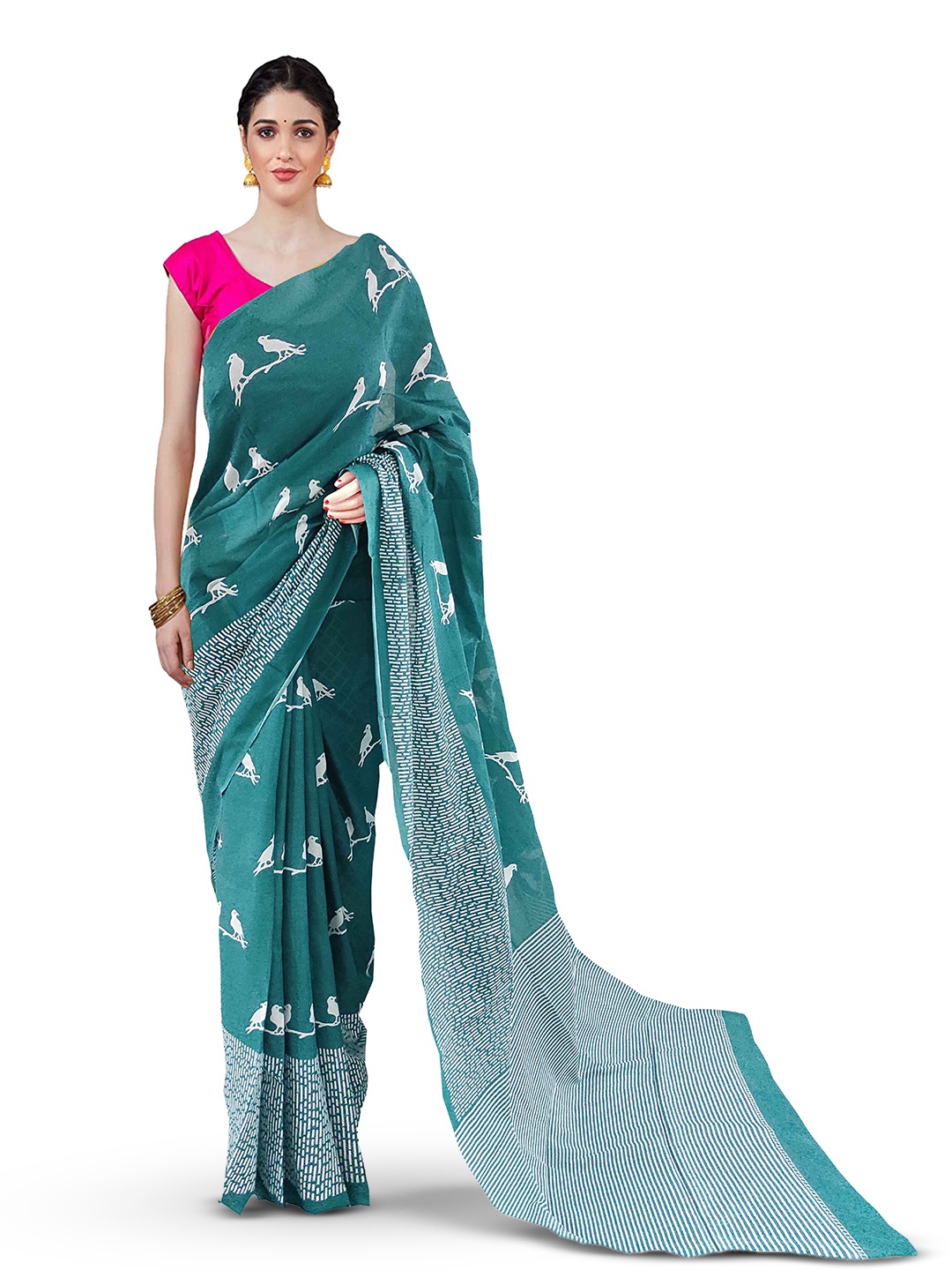 

JAIPURI BLOCK PRINT Floral Pure Cotton Saree, Turquoise blue