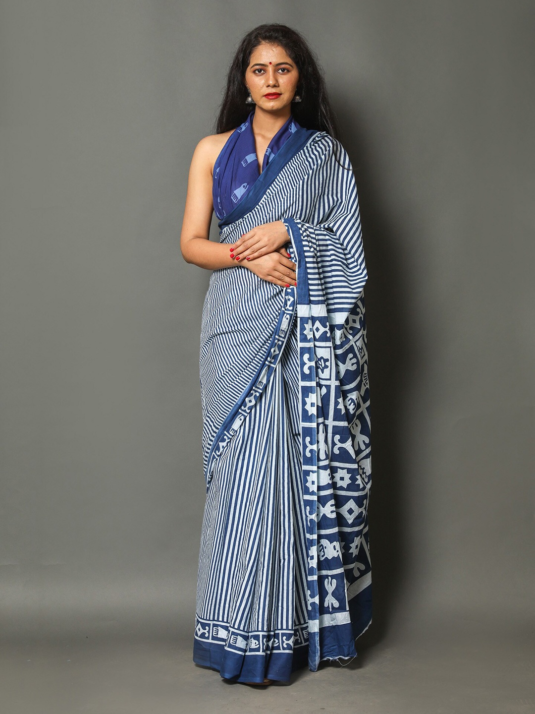 

JAIPURI BLOCK PRINT Striped Pure Cotton Saree, Blue