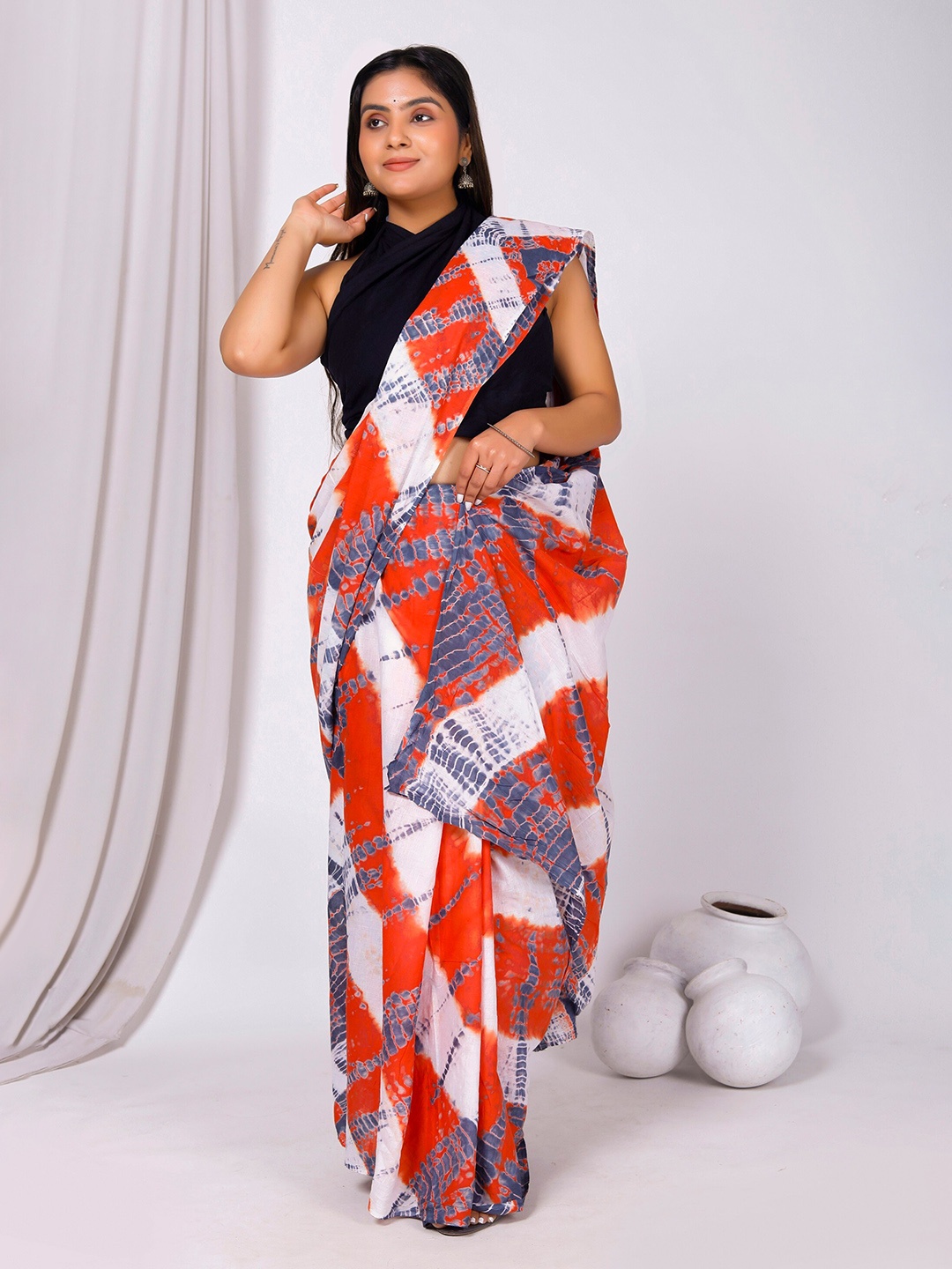 

JAIPURI BLOCK PRINT Tie and Dye Mulmul Pure Cotton Saree, Orange