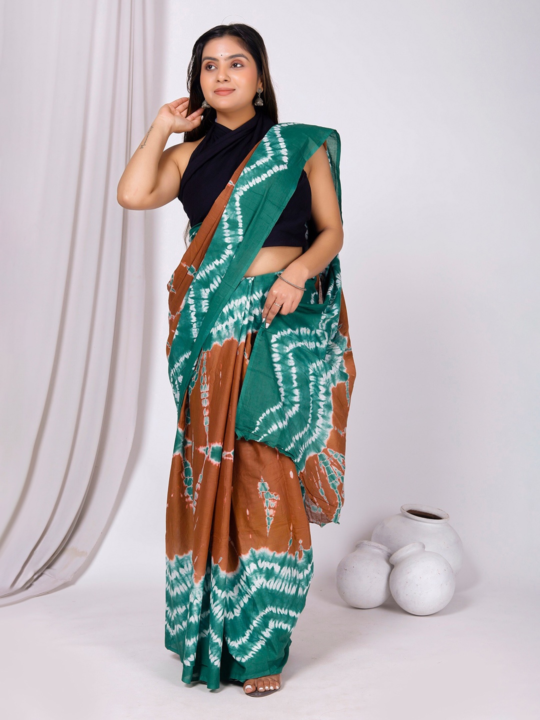 

JAIPURI BLOCK PRINT Tie and Dye Mulmul Cotton Bagru Saree, Green