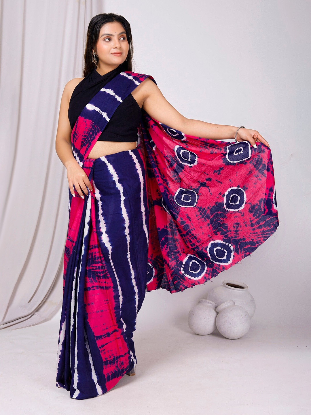 

JAIPURI BLOCK PRINT Tie and Dye Mulmul Cotton Bandhani Saree, Pink