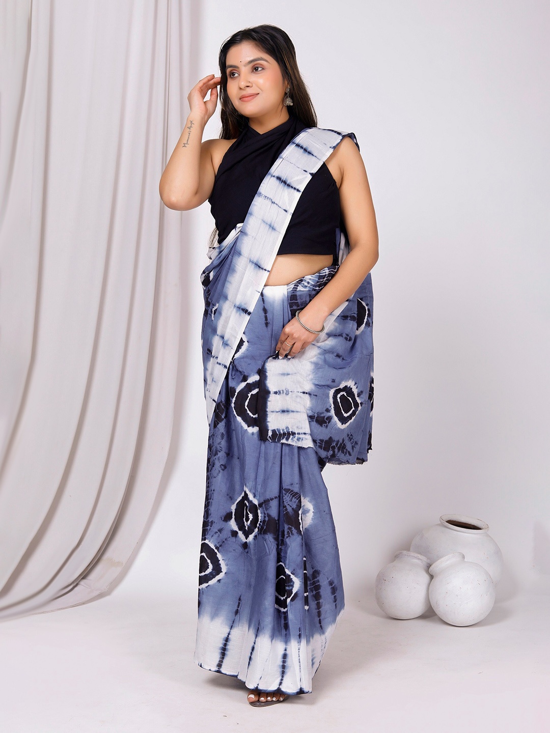 

JAIPURI BLOCK PRINT Tie and Dye Pure Cotton Bagru Saree, Blue