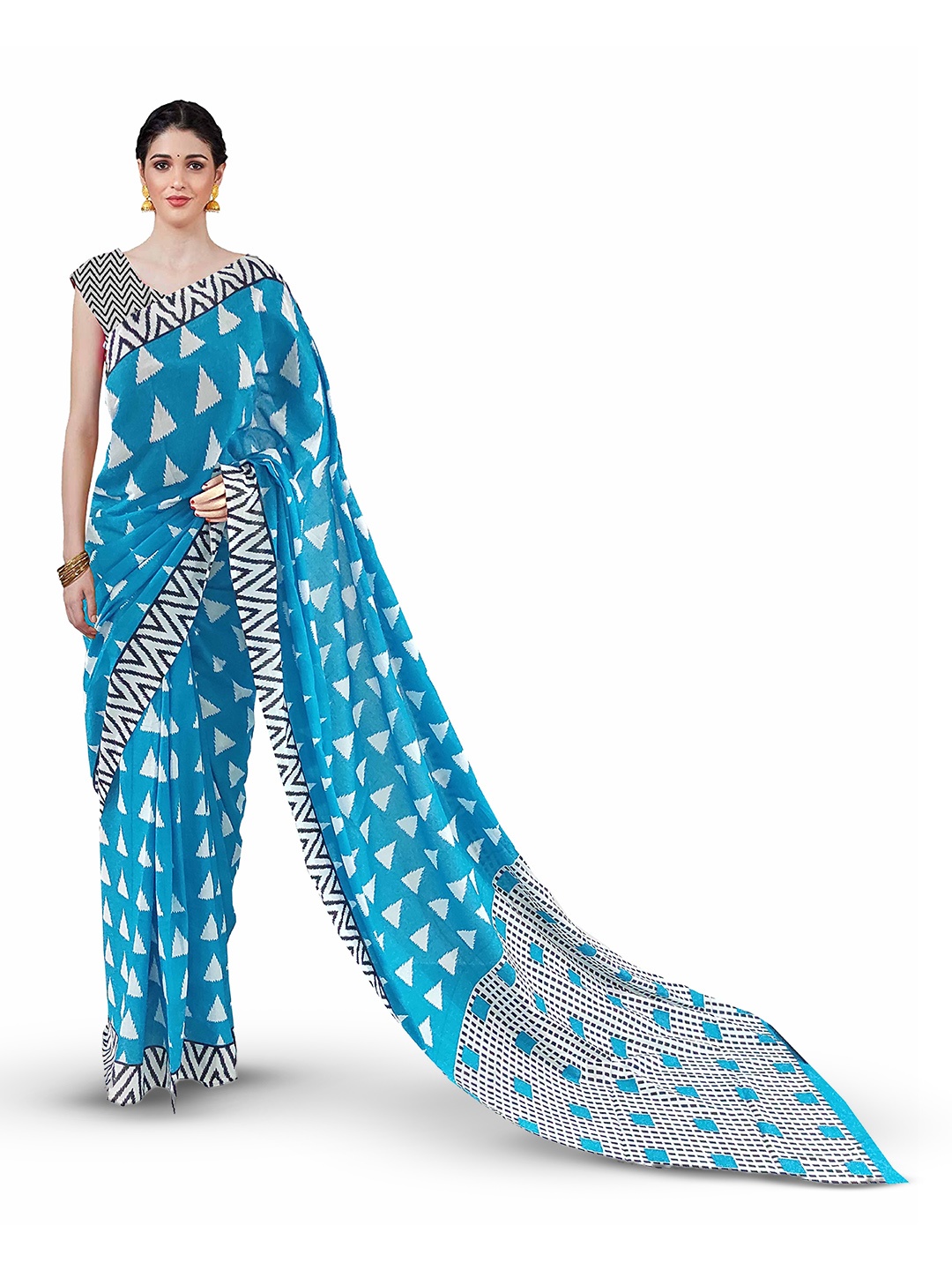 

JAIPURI BLOCK PRINT Pure Cotton Block Printed Saree, Blue