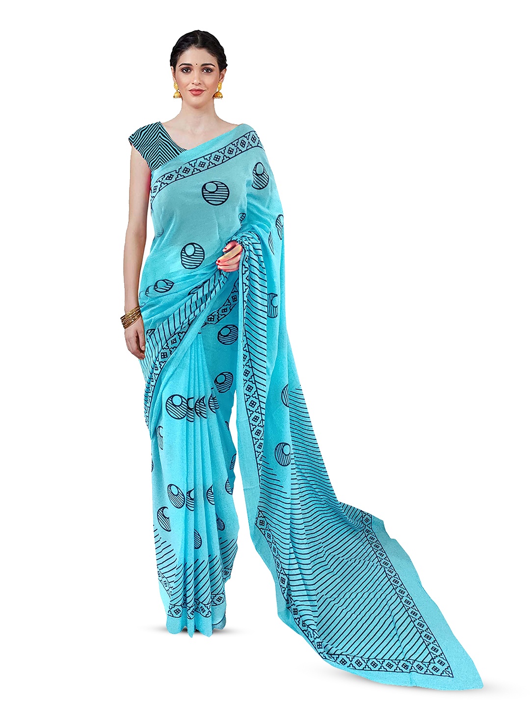 

JAIPURI BLOCK PRINT Pure Cotton Block Printed Saree, Turquoise blue