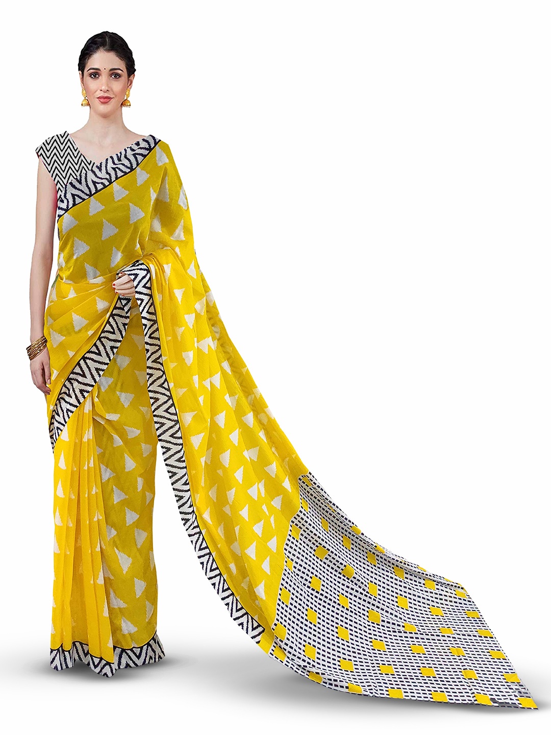 

JAIPURI BLOCK PRINT Pure Cotton Block Printed Saree, Yellow