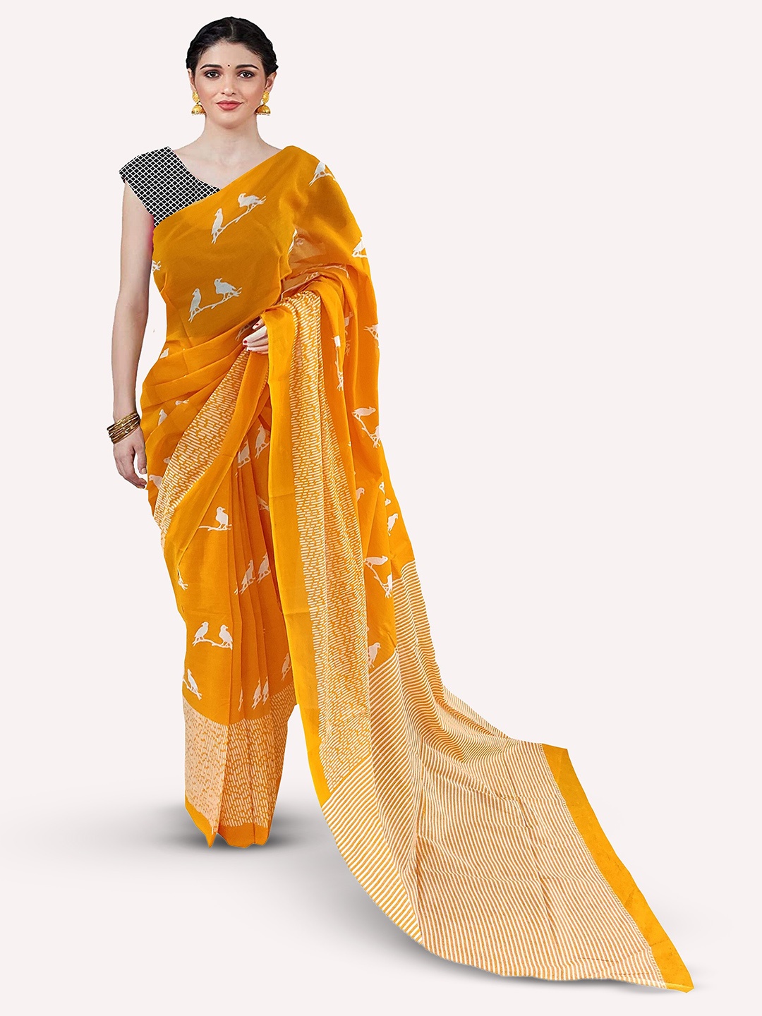 

JAIPURI BLOCK PRINT Birds Printed Pure Cotton Mulmul Block Print Saree, Orange