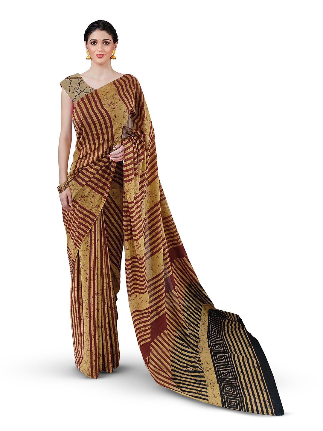 

JAIPURI BLOCK PRINT Striped Pure Cotton Block Printed Saree, Brown
