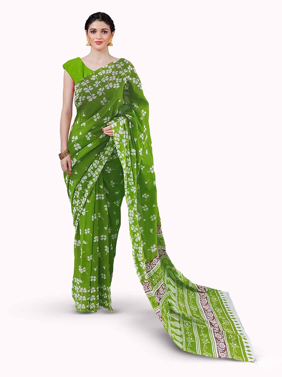 

JAIPURI BLOCK PRINT Floral Pure Cotton Block Printed Saree, Green