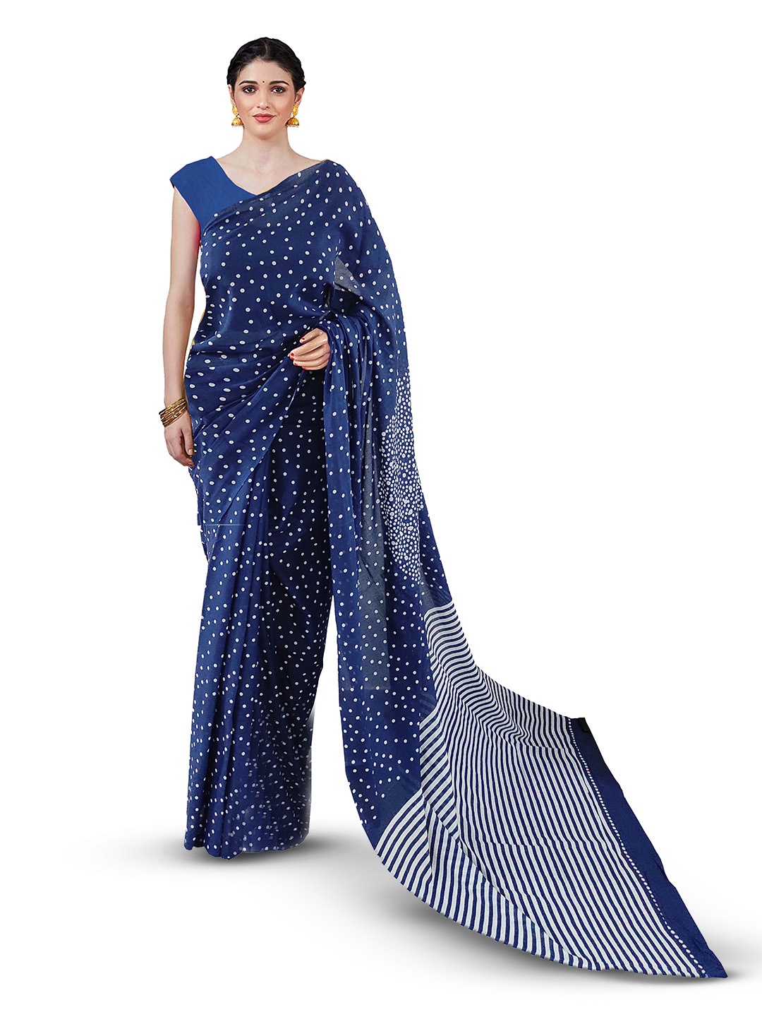 

JAIPURI BLOCK PRINT Polka Dot Pure Cotton Block Printed Saree, Blue