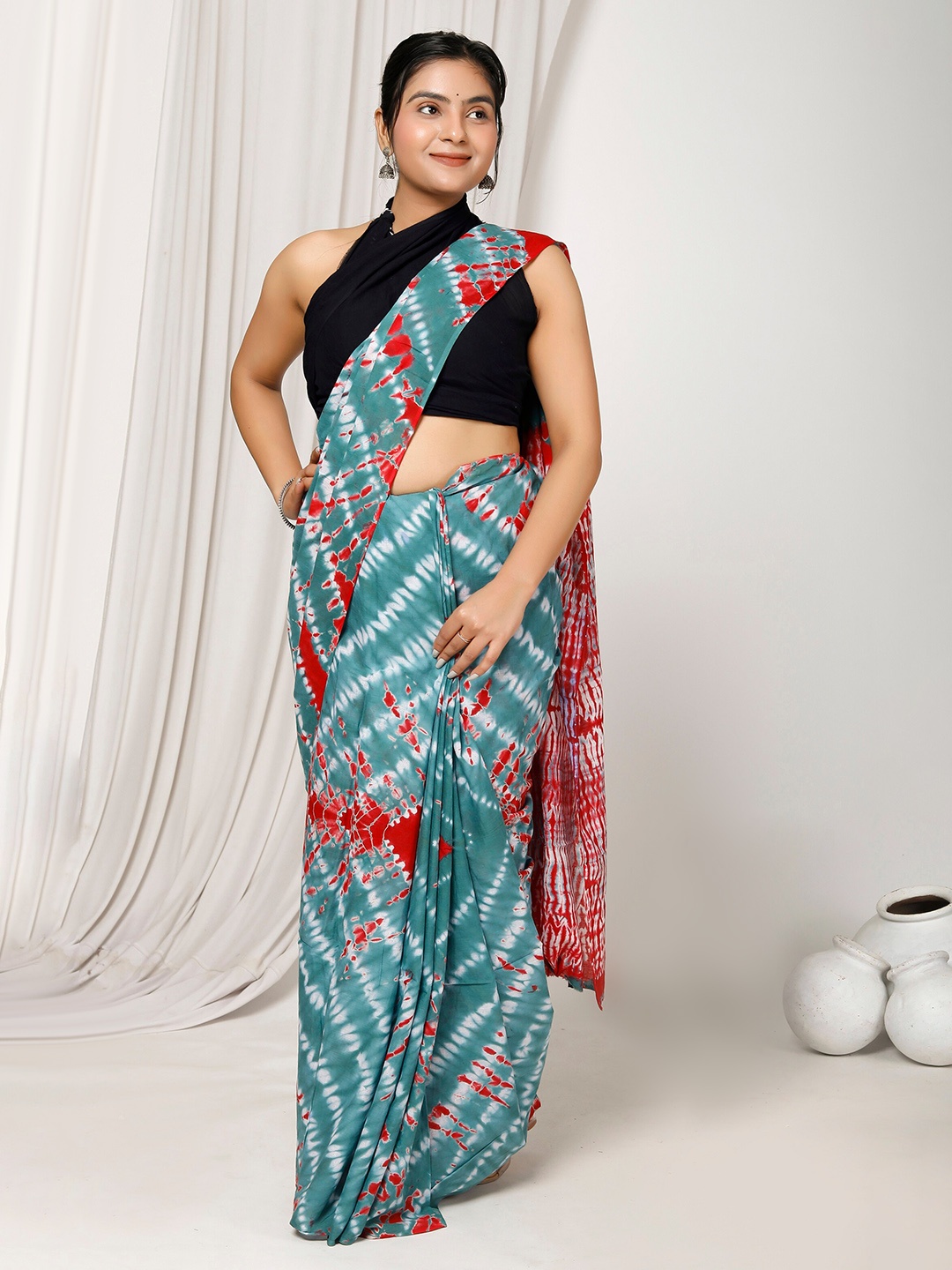 

JAIPURI BLOCK PRINT Shibori Printed Bagru Saree, Teal