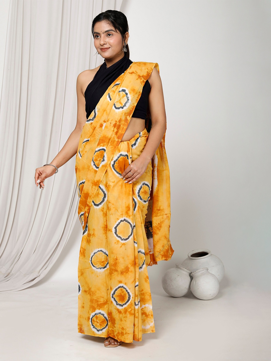 

JAIPURI BLOCK PRINT Tie and Dye Printed Pure Cotton Bagru Saree, Yellow