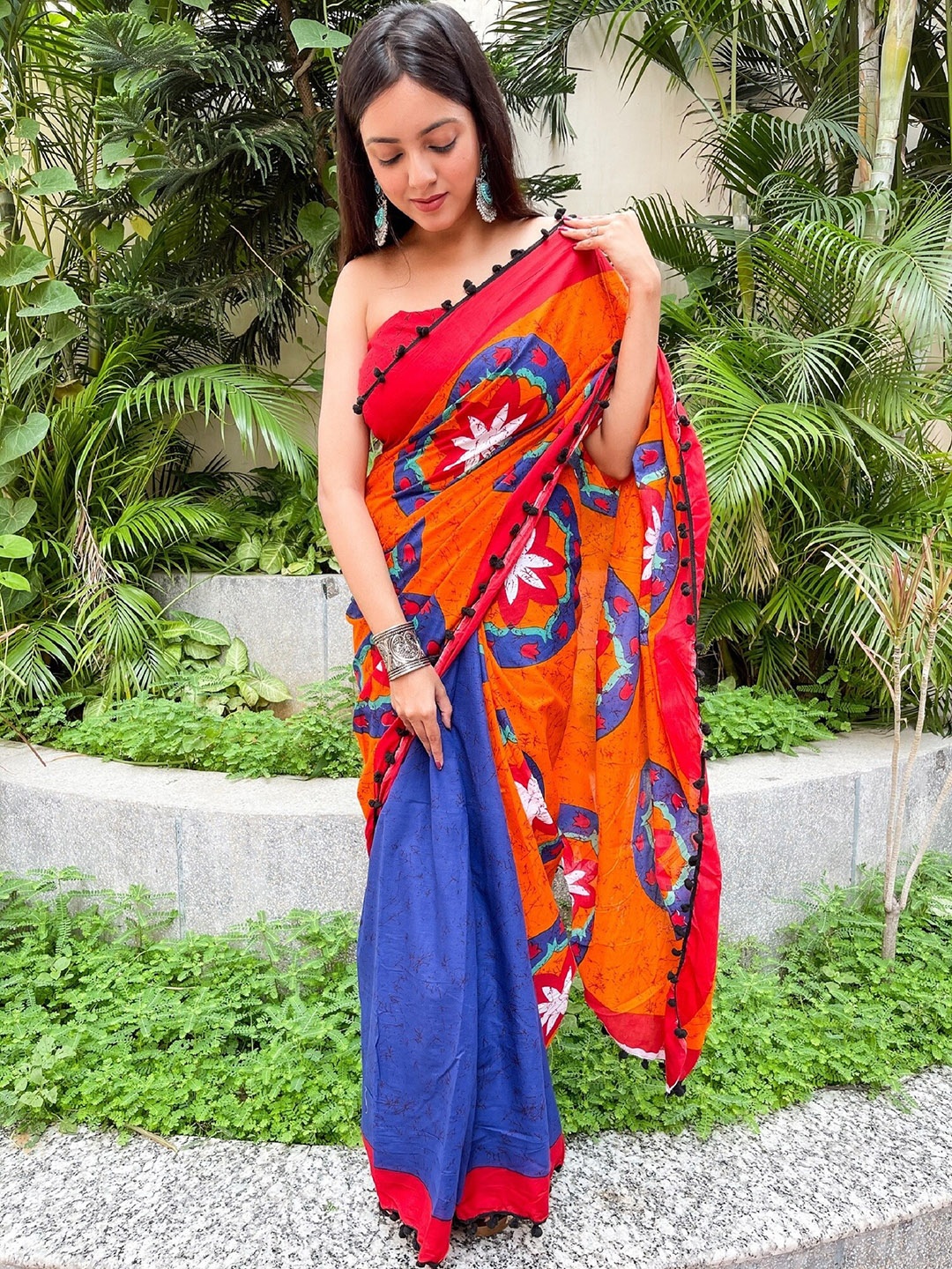 

JAIPURI BLOCK PRINT Floral Pure Cotton Block Printed Saree, Brown