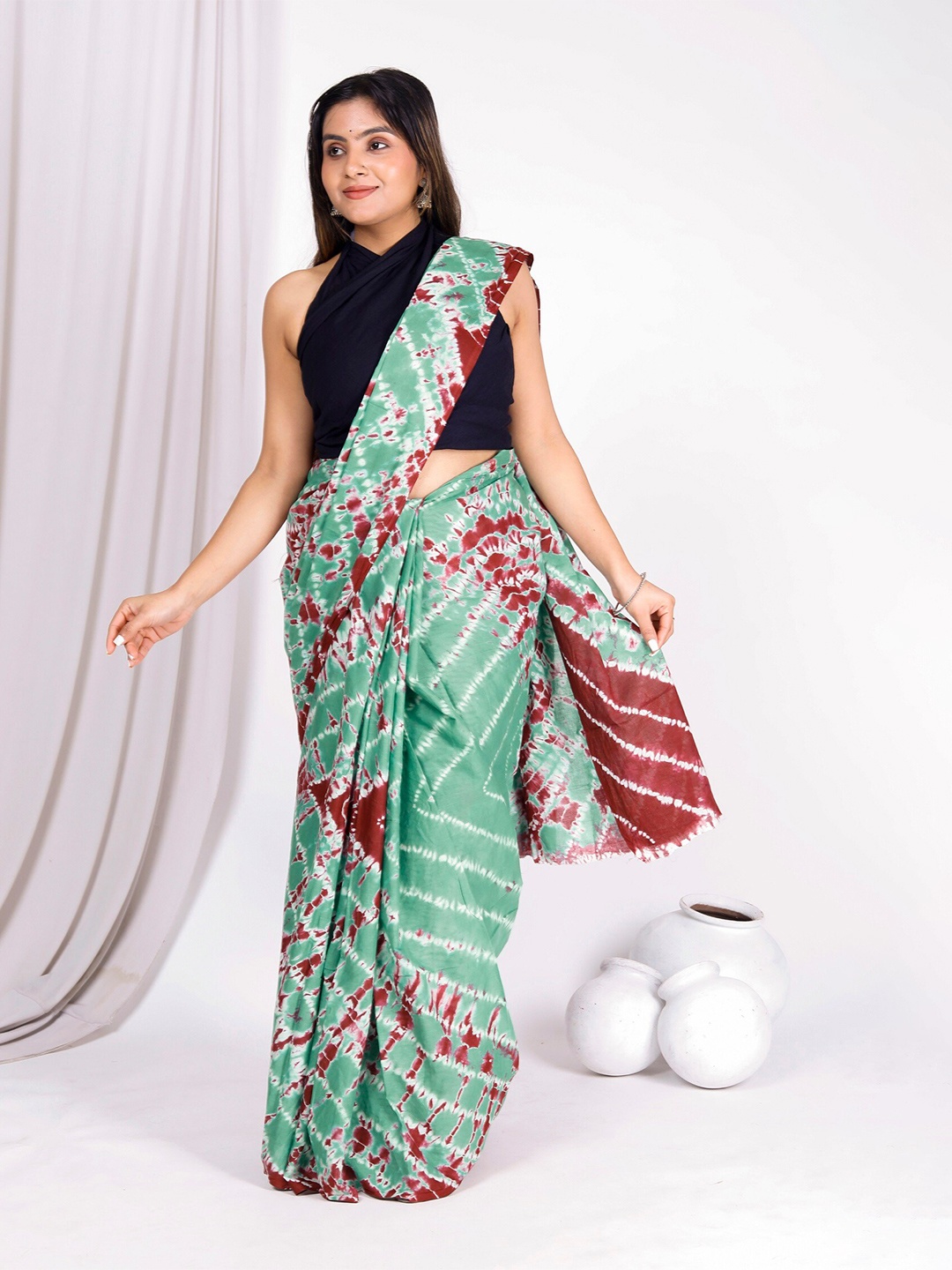 

JAIPURI BLOCK PRINT Tie and Dye Pure Cotton Bagru Saree, Green