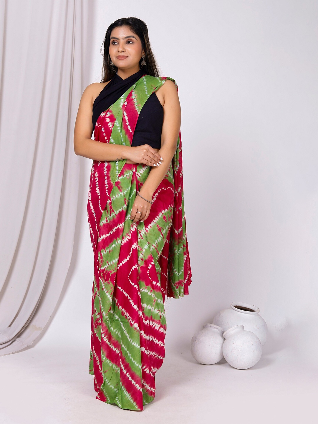 

JAIPURI BLOCK PRINT Leheriya Pure Cotton Bagru Saree, Pink