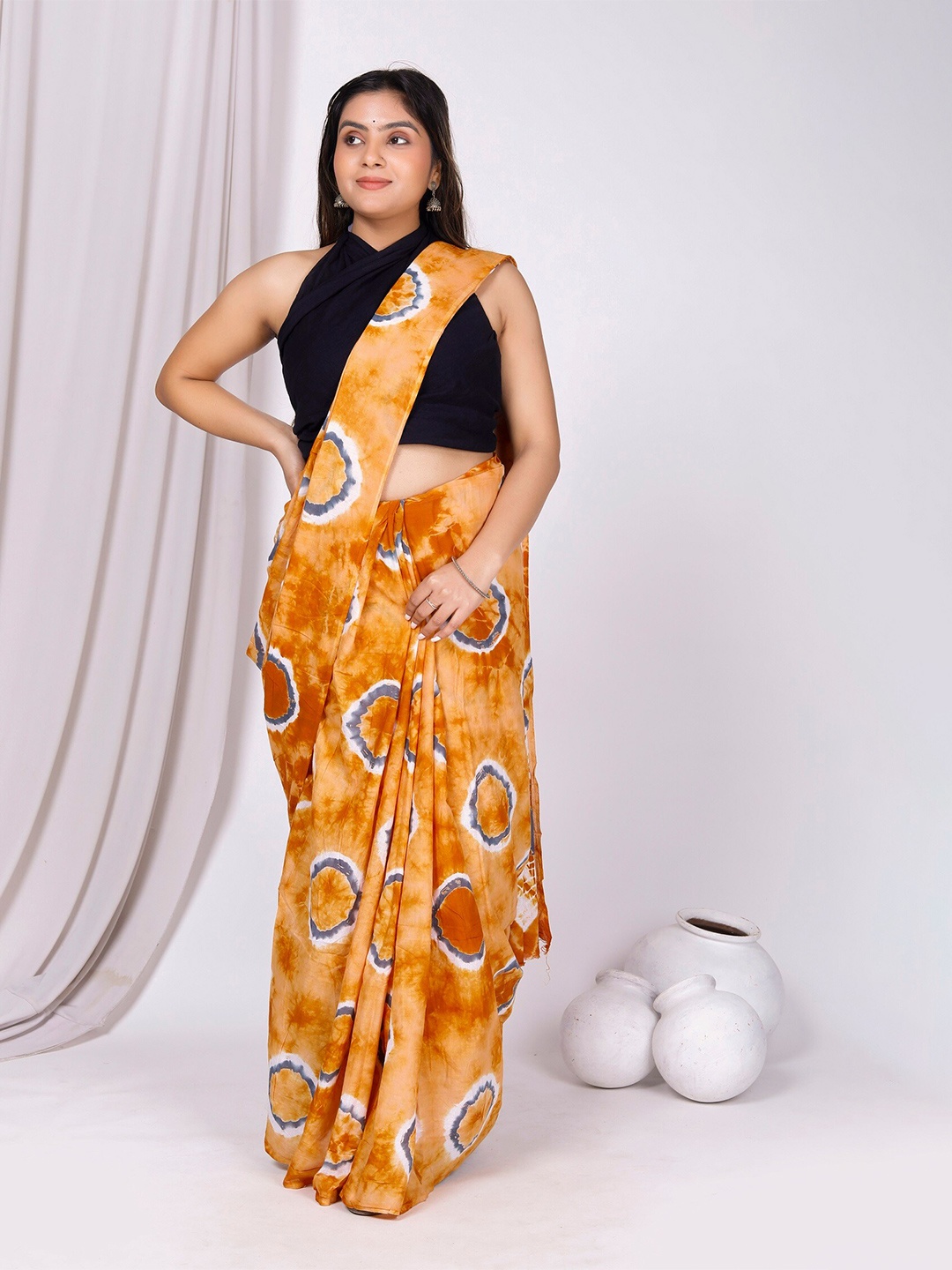 

JAIPURI BLOCK PRINT Bandhani Pure Cotton Bagru Saree, Orange