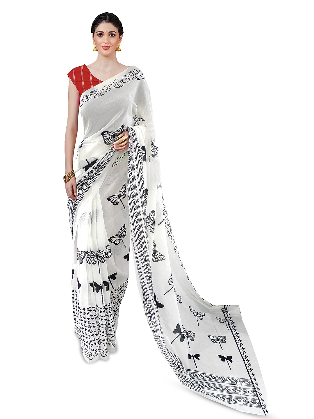 

JAIPURI BLOCK PRINT Kalamkari Pure Cotton Block Print Saree, White