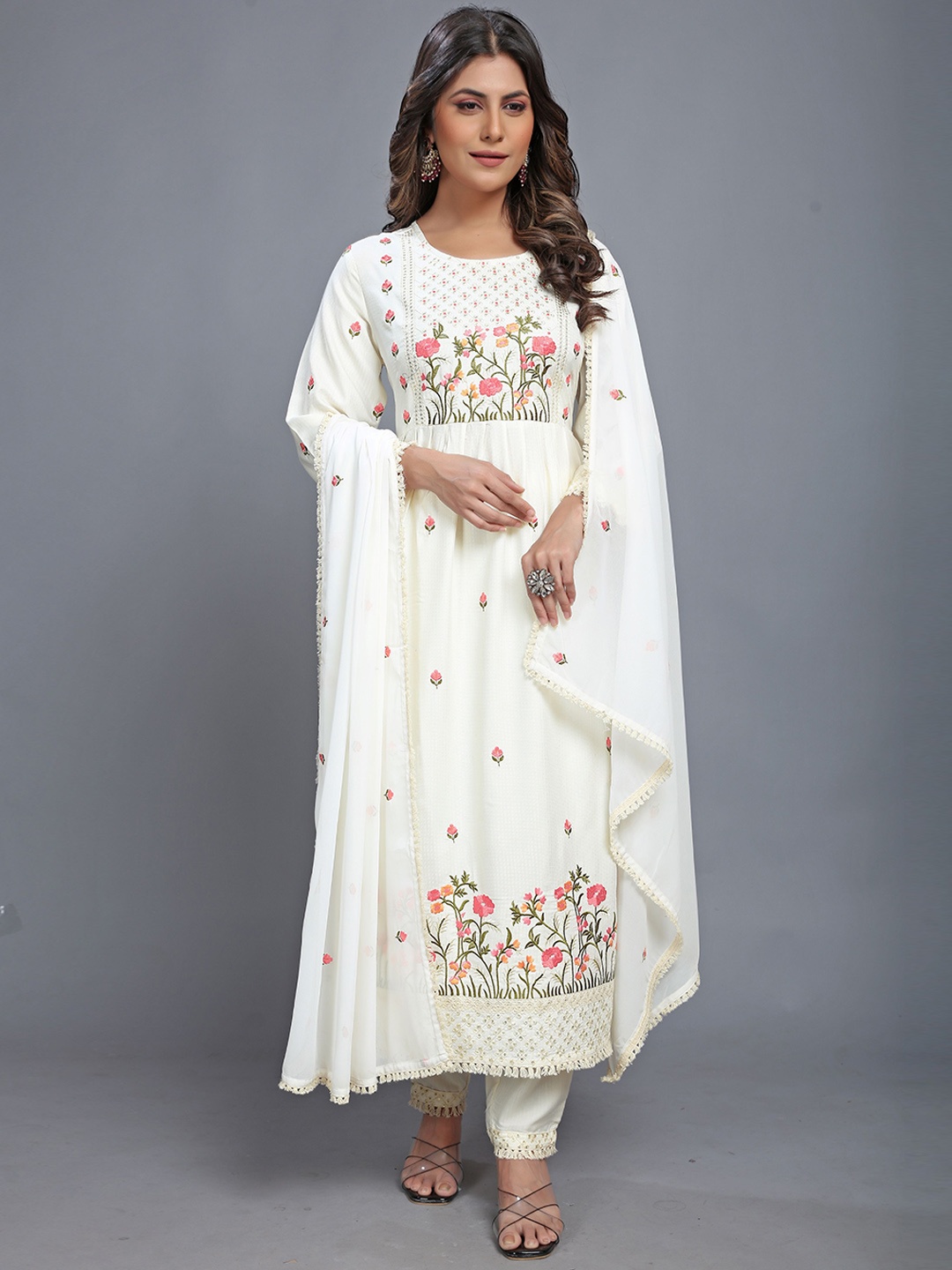 

J.KANJI Floral Embroidered Round Neck Pleated Thread Work Kurta with Trousers & Dupatta, Off white