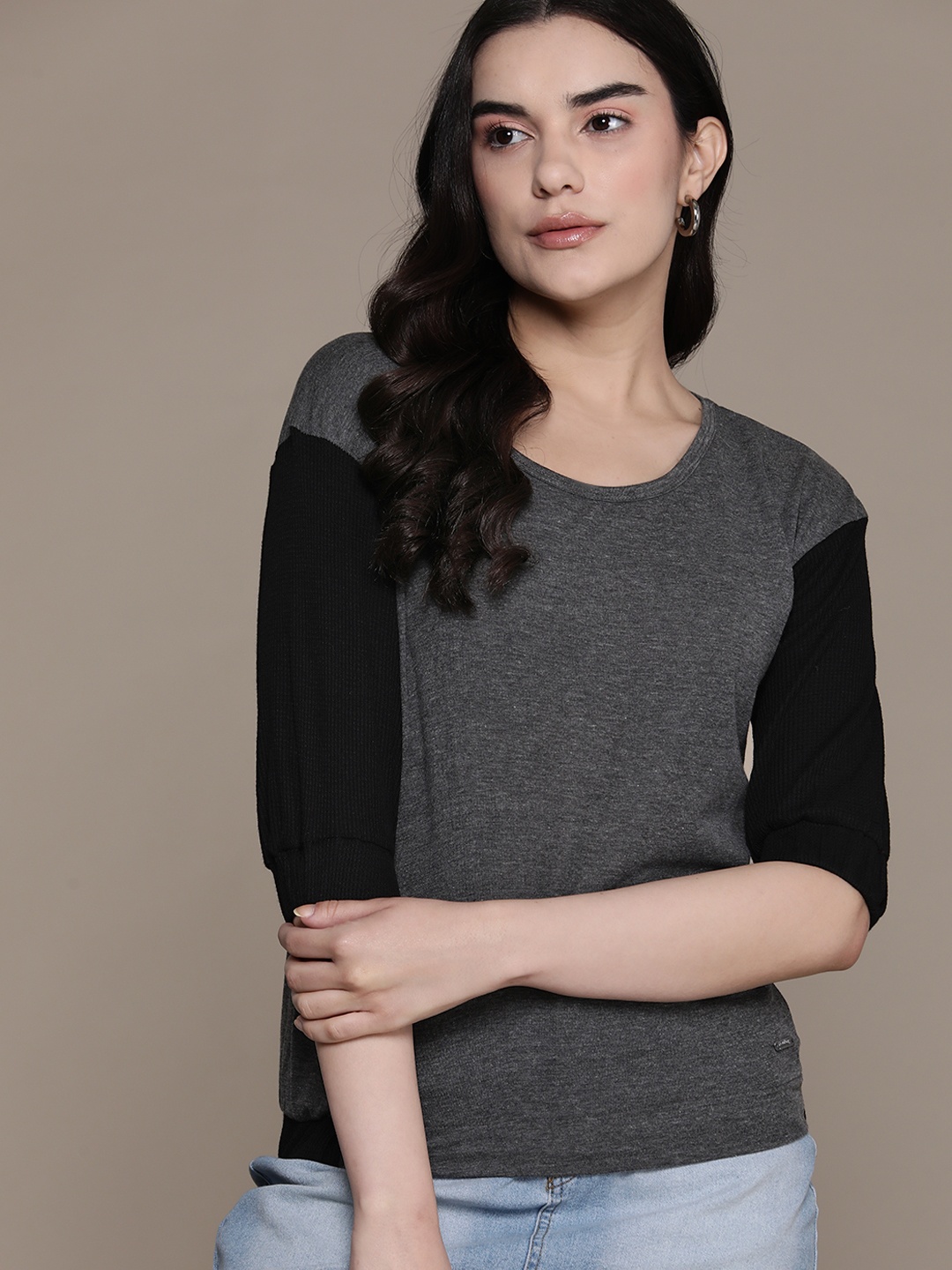 

Roadster Colourblocked Puff Sleeve Cotton Top, Grey melange