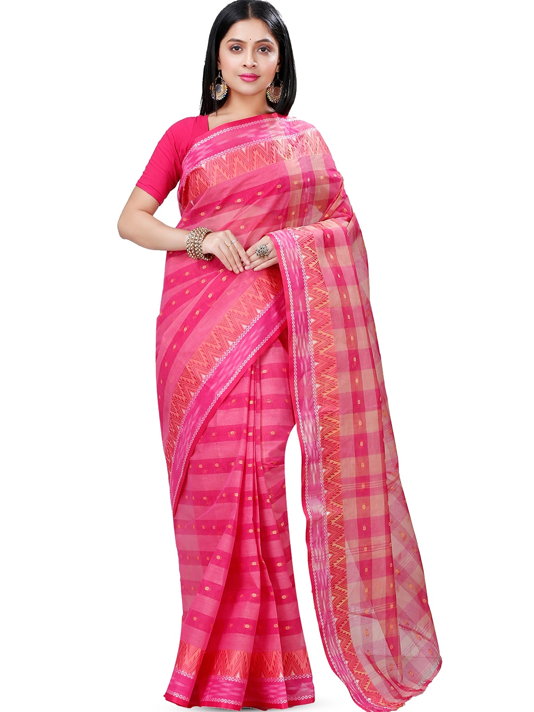 

PuJoy Geometric Woven Design Pure Cotton Taant Saree, Pink