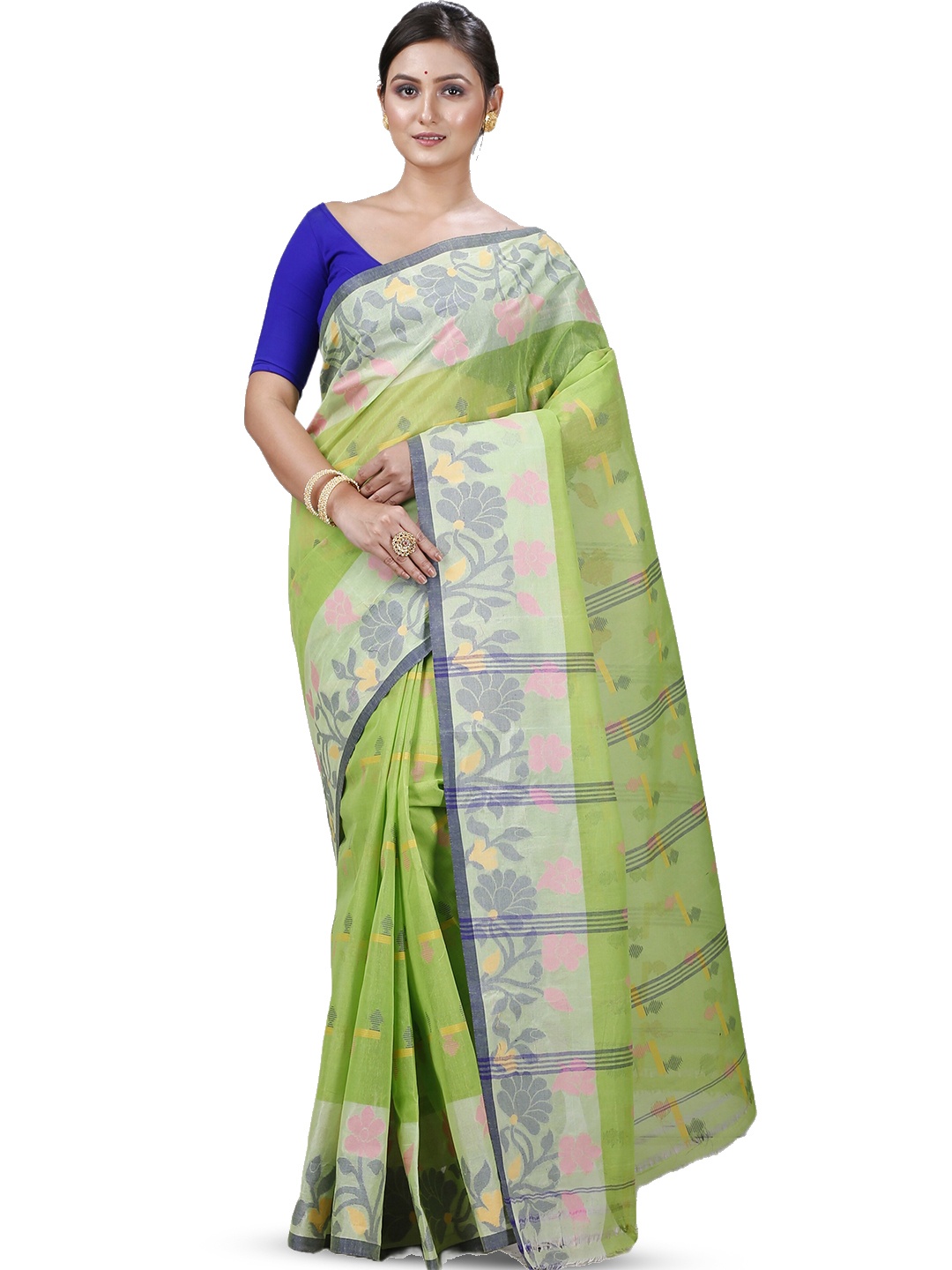 

PuJoy Floral Woven Design Pure Cotton Taant Saree, Green