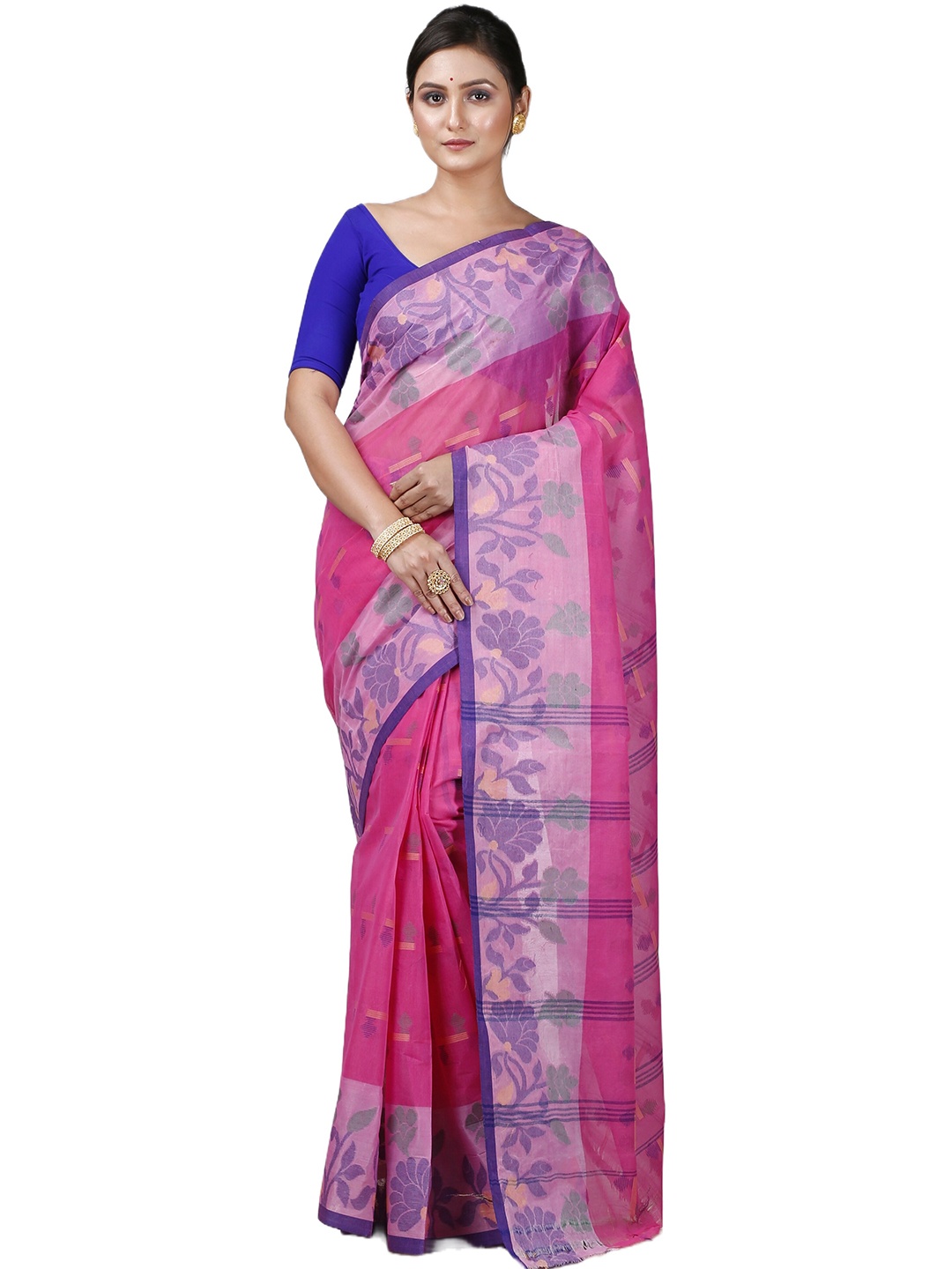 

PuJoy Ethnic Motifs Woven Design Pure Cotton Taant Saree, Pink