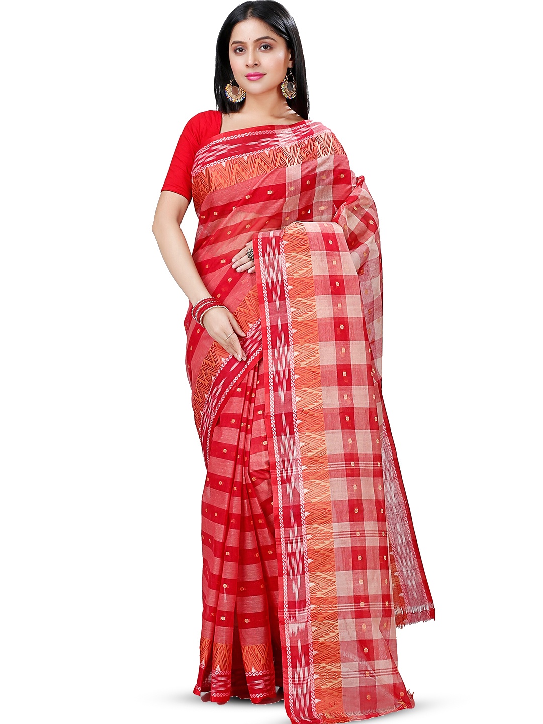 

PuJoy Geometric Woven Design Pure Cotton Taant Saree, Red