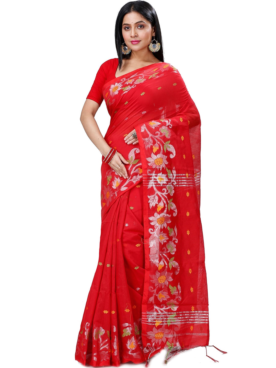 

PuJoy Floral Printed Zari Taant Saree, Red