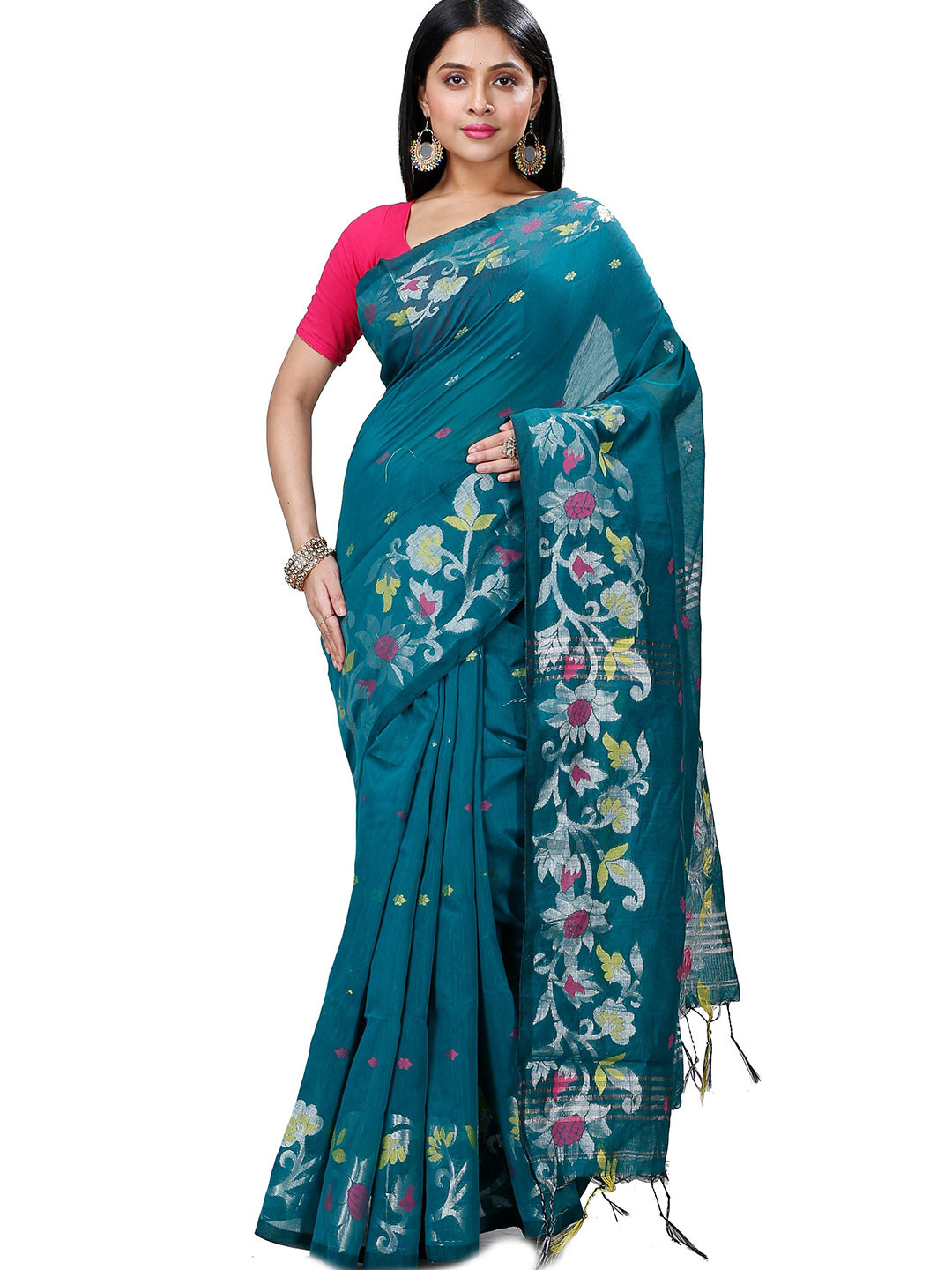 

PuJoy Woven Design Zari Taant Saree, Green