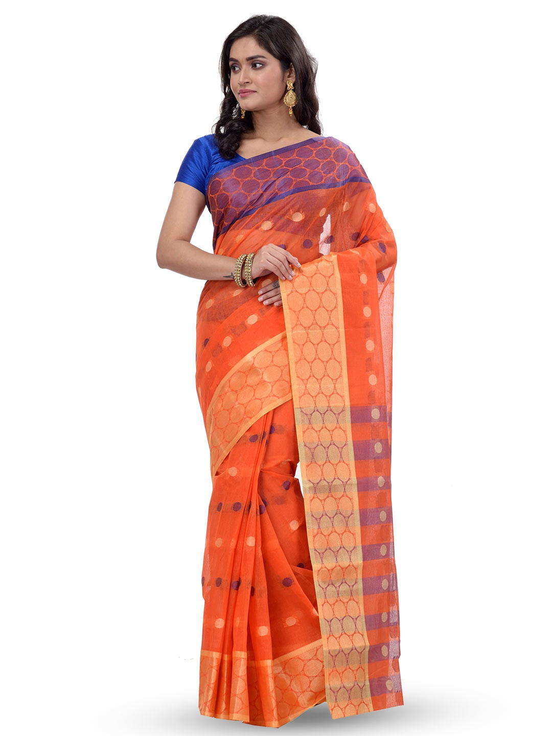 

PuJoy Geometric Woven Design Zari Pure Cotton Taant Saree, Orange